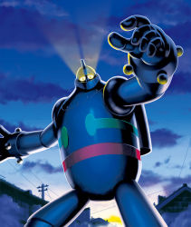 Rule 34 | building, cloud, funbolt, glowing, glowing eyes, mecha, mecha focus, no humans, outstretched arms, perspective, power lines, realistic, robot, sun, tetsujin 28, tetsujin 28-gou, tetsujin 28-gou (1st series), twilight, utility pole