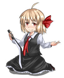 Rule 34 | 1girl, blonde hair, fang, fang out, frilled skirt, frills, hair ribbon, knife, kukri, mousoumousoumousou, necktie, red eyes, red necktie, ribbon, rumia, shirt, short hair, sitting, skirt, smile, solo, touhou, vest