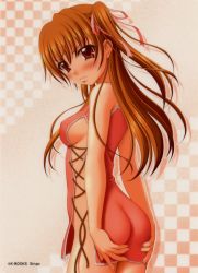 Rule 34 | 1girl, ass, bare shoulders, blush, breasts, brown eyes, china dress, chinese clothes, dress, embarrassed, covered erect nipples, female focus, hair ribbon, highres, no panties, orange hair, red hair, ribbon, sideboob, sin-go, solo, tears