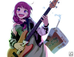 Rule 34 | 1girl, :d, @ @, alcohol carton, bachi, bare shoulders, bass guitar, black bow, black jacket, black nails, blurry, bocchi the rock!, bow, braid, breasts, commentary request, crazy eyes, crazy smile, dark persona, depth of field, dress, drinking straw, foreshortening, green dress, guitar, hair between eyes, hair bow, hiroi kikuri, holding, holding instrument, instrument, jacket, looking at viewer, medium breasts, music, off shoulder, open clothes, open jacket, open mouth, pairan, playing instrument, plectrum, purple eyes, purple hair, sharp teeth, sidelocks, single braid, smile, solo, teeth, water drop, white background