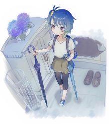 Rule 34 | 1girl, blouse, blue hair, brown eyes, closed umbrella, commentary request, from above, fukae (kancolle), gradient hair, grey shorts, kantai collection, leggings, multicolored hair, official alternate costume, shirt, shoes, short hair, shorts, side ponytail, sneakers, solo, umbrella, white shirt, yamashichi (mtseven)