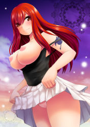 Rule 34 | 1girl, arcana mi, bare shoulders, blush, breasts, breasts out, brown eyes, clothes lift, erza scarlet, fairy tail, large breasts, long hair, nipples, no bra, panties, red hair, rudo, skirt, skirt lift, smile, solo, tattoo, thick thighs, thighs, underwear, upskirt, white panties, white skirt