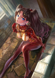Rule 34 | 1girl, blue eyes, bodysuit, breasts, brown hair, cosplay, covered erect nipples, dutch angle, evangelion: 2.0 you can (not) advance, fate/stay night, fate (series), hair ornament, l.green, long hair, long legs, looking at viewer, looking up, neon genesis evangelion, plugsuit, rebuild of evangelion, sitting, solo, souryuu asuka langley, souryuu asuka langley (cosplay), test plugsuit, tiles, tohsaka rin, trait connection, twintails, two side up