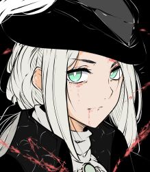 Rule 34 | 1girl, black coat, black headwear, blood, blood on face, bloodborne, bright pupils, closed mouth, coat, commentary, english commentary, green eyes, hat, highres, lady maria of the astral clocktower, looking at viewer, ponytail, portrait, sidelocks, simple background, smile, solo, tavi (hosheezus), tricorne, white hair, white pupils