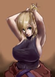 Rule 34 | 1girl, adjusting hair, armpits, arms up, bad id, bad pixiv id, blonde hair, bow, breasts, clothes down, female focus, green eyes, hair between eyes, hair bow, highres, huge breasts, kai ry, lips, looking at viewer, mizuhashi parsee, navel, pointy ears, realistic, shirt, short hair, sideboob, solo, standing, tight clothes, tight shirt, touhou, traditional clothes, tying hair