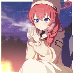 Rule 34 | 1girl, blue archive, blue eyes, blush, braid, closed mouth, commentary request, cup, eko, halo, hat, highres, holding, holding cup, jacket, long hair, long sleeves, maki (blue archive), maki (camp) (blue archive), official alternate costume, puffy long sleeves, puffy sleeves, red hair, red halo, side braid, single braid, sitting, solo, white hat, white jacket