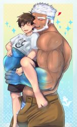 Rule 34 | 2boys, aegir (housamo), alternate costume, aqua hair, bara, beard, black shorts, blue eyes, blush, brown eyes, brown hair, brown shorts, bulge, carrying, dark-skinned male, dark skin, facial hair, full body, giant, giant male, hand under clothes, highres, hiota (kuhi 0301), lifting person, male focus, male underwear, protagonist 4 (housamo), multicolored hair, multiple boys, muscular, navel, one eye closed, open clothes, open mouth, open shorts, pectorals, shirt, short hair, shorts, size difference, sparkle, streaked hair, thick eyebrows, tokyo houkago summoners, tongue, topless male, underwear, white hair, white male underwear, white shirt, yaoi