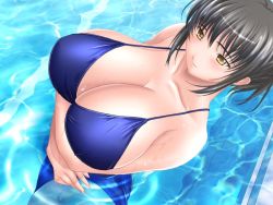 Rule 34 | black hair, breasts, chichi ijime bakunyuu shimai kyouentan, cleavage, genzou, huge breasts, kagano orie, pool, yellow eyes
