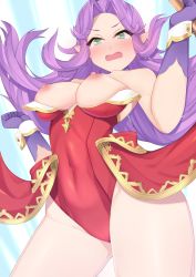 Rule 34 | 1girl, @ @, angela (seiken densetsu 3), arm up, bare shoulders, breasts, breasts out, cleavage, collar, covered navel, dura, earrings, gloves, green eyes, hair intakes, headwear request, highres, jewelry, leotard, long hair, looking at viewer, medium breasts, nipples, pointy ears, purple gloves, purple hair, red leotard, seiken densetsu, seiken densetsu 3, sidelocks, solo
