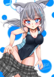 Rule 34 | 1girl, absurdres, animal ear fluff, animal ears, black one-piece swimsuit, blue archive, blue eyes, breasts, competition swimsuit, covered navel, cowboy shot, cross hair ornament, extra ears, grey hair, grey skirt, hair ornament, halo, highres, leaning forward, looking at viewer, low ponytail, medium breasts, medium hair, mismatched pupils, multicolored clothes, multicolored swimsuit, official alternate costume, one-piece swimsuit, pleated skirt, reno (yylew), shiroko (blue archive), shiroko (swimsuit) (blue archive), skirt, solo, swimsuit, undressing, wolf ears