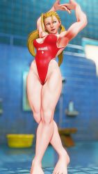 Rule 34 | 1girl, 3d, absurdres, antenna hair, bare shoulders, barefoot, blonde hair, braid, breasts, cammy white, covered navel, crossed arms, curvy, full body, highleg, highleg swimsuit, highres, lifeguard, lips, long hair, looking to the side, low twintails, medium breasts, one-piece swimsuit, open mouth, partially visible vulva, red one-piece swimsuit, ryona, screencap, shiny clothes, smile, solo, street fighter, street fighter v, stretching, swimsuit, thighs, third-party edit, twintails, very long hair, wide hips