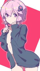 Rule 34 | 1girl, black jacket, blush, breasts, closed mouth, coat, commentary request, hair between eyes, hair ornament, hands up, highres, jacket, long hair, long sleeves, looking at viewer, naked coat, open clothes, open jacket, purple eyes, purple hair, red background, sidelocks, sleeves past wrists, small breasts, solo, two-tone background, voiceroid, white background, yusake san, yuzuki yukari