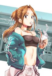 Rule 34 | 1girl, bare shoulders, blue track suit, boku no kokoro no yabai yatsu, bone necklace, breasts, brown eyes, brown hair, cleavage, collarbone, convenience store, cup, disposable cup, earrings, food in mouth, forehead, hagiya masakage, hand in pocket, highres, holding, holding cup, ice, ice cube, ice cube in mouth, jewelry, long hair, looking at viewer, midriff, navel, necklace, off shoulder, open mouth, pants, parted bangs, sagging breasts, shop, small breasts, solo, spilling, strapless, tongue, tongue out, track pants, track suit, tube top, white pants, yoshida serina