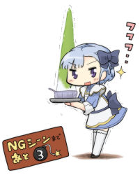Rule 34 | &gt;:d, 10s, 1girl, :d, apron, asymmetrical bangs, blue bow, blue dress, blue hair, blush, bomb, bow, bowl, braid, brown footwear, chibi, dress, explosive, fin e ld si laffinty, hair bow, leaning forward, looking at viewer, motion lines, open mouth, purple eyes, rinne no lagrange, serizawa enono, shoes, simple background, smile, solo, sparkle, standing, thighhighs, translation request, tray, trembling, v-shaped eyebrows, white background, white thighhighs