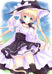 Rule 34 | 1girl, animal ears, black thighhighs, blonde hair, cape, cat ears, cat tail, dress, fang, hat, large hat, long hair, looking at viewer, mizuse ruka, open mouth, original, paw pose, solo, tail, thighhighs, twintails