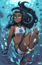 Rule 34 | 1girl, absurdres, air bubble, armlet, belly chain, bike shorts, black hair, breasts, bubble, closed mouth, commentary, creatures (company), dark-skinned female, dark skin, dynamax band, earclip, earrings, game freak, glint, gloves, graysheartart, hair bun, highres, hoop earrings, jewelry, long hair, looking to the side, medium breasts, midriff, multicolored hair, necklace, nessa (pokemon), nintendo, pokemon, pokemon swsh, sandals, signature, silhouette, single hair bun, small breasts, smile, solo, split mouth, toes, two-tone hair, underwater