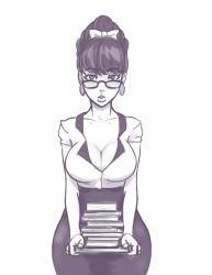 Rule 34 | 1girl, alternate hairstyle, bespectacled, bliss barson, book, bow, breasts, cleavage, cryamore, curvy, earrings, glasses, greyscale, hair bow, holding, holding book, jewelry, knifoon, large breasts, librarian, lips, long skirt, looking at viewer, mole, mole under eye, monochrome, puckered lips, skirt, solo, updo, wide hips