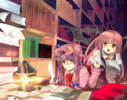 Rule 34 | 2girls, :o, bad id, bad pixiv id, bespectacled, blunt bangs, book, bookshelf, bow, chirosuke, crescent, embodiment of scarlet devil, female focus, glasses, hair bow, hat, head wings, koakuma, lantern, letter, library, long hair, multiple girls, open book, open mouth, paper, patchouli knowledge, purple eyes, purple hair, quill, red eyes, red hair, touhou, voile, wings, writing