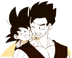 Rule 34 | 2boys, ;d, black eyes, black hair, brothers, cheek-to-cheek, child, dragon ball, dragonball z, heads together, looking at another, looking back, male focus, monochrome, multiple boys, one eye closed, open mouth, petagon, short hair, siblings, smile, son gohan, son goten, spiked hair