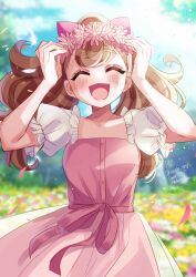 Rule 34 | 1girl, artist name, blurry, blurry background, brown hair, casual, closed eyes, commentary request, day, depth of field, doroshii, dress, facing viewer, field, flower, flower field, frilled sleeves, frills, hands on own head, head wreath, highres, inukai komugi, long hair, open mouth, outdoors, partial commentary, petals, pink dress, precure, puffy short sleeves, puffy sleeves, short sleeves, signature, smile, solo, split ponytail, twitter username, wind, wonderful precure!