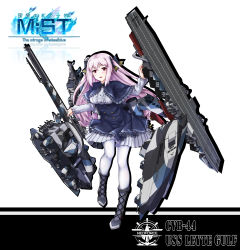 Rule 34 | 1girl, absurdres, black footwear, capelet, character name, copyright name, full body, highres, holding, holding weapon, leyte gulf (steelblue mirage), logo, long hair, pantyhose, pink hair, red eyes, skirt, smile, solo, standing, steelblue mirage, very long hair, warship girls r, weapon, white background, white pantyhose, xinghuajian