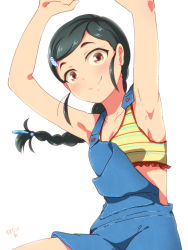 Rule 34 | 1girl, armpits, arms up, bikini, bikini top only, bikini under clothes, black hair, braid, brown eyes, hair ornament, hairclip, idolmaster, idolmaster cinderella girls, looking at viewer, overall shorts, overalls, shuto aoi, sidelocks, smile, solo, striped bikini, striped bikini top, striped clothes, susutaketakumi, swimsuit, swimsuit under clothes, unbuttoned, white background, yellow bikini