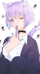 Rule 34 | 1girl, ahoge, animal ear fluff, animal ears, black collar, black jacket, blush, breasts, cat ears, cat tail, cleavage, closed mouth, collar, collared shirt, commentary, dress shirt, highres, hololive, ira n, jacket, light purple hair, looking at viewer, medium breasts, mouth hold, neck ribbon, nekomata okayu, nekomata okayu (oversized shirt), official alternate costume, one eye closed, onigirya (nekomata okayu), partially unbuttoned, purple eyes, ribbon, ribbon in mouth, shirt, short hair, simple background, sleeves past fingers, sleeves past wrists, slit pupils, solo, symbol-only commentary, tail, undone neck ribbon, upper body, virtual youtuber, white background, white shirt, wing collar