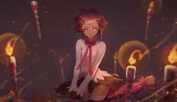 Rule 34 | 1girl, absurdres, black hair, candle, chicken (dalg-idalg), d.gray-man, dark-skinned female, dark skin, floating candle, highres, looking at viewer, open mouth, road kamelot, sitting, solo, yellow eyes