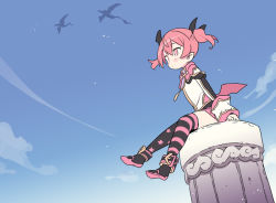 Rule 34 | 1girl, black footwear, black thighhighs, blade (galaxist), blue sky, boots, closed mouth, cloud, column, commentary request, day, emelia pris, hair between eyes, jacket, long sleeves, looking away, low wings, outdoors, pillar, pink eyes, pink hair, pink skirt, pink wings, pleated skirt, pop-up story, print thighhighs, sitting, skirt, sky, sleeves past wrists, solo, star (symbol), star print, striped clothes, striped thighhighs, thighhighs, thighhighs under boots, twintails, white jacket, wing hair ornament, wings