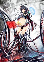 Rule 34 | 1girl, black hair, breasts, cable, claws, dated, glycyrrhizae, great firewall, highres, long hair, medium breasts, midriff, navel, original, personification, purple eyes, revealing clothes, science fiction, signature, solo, tattoo, underboob, wire