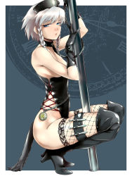 Rule 34 | 1girl, bdsm, blue eyes, boots, braid, censored, collar, convenient censoring, corset, female focus, fishnet thighhighs, fishnets, gloves, high heels, izayoi sakuya, kneeling, knife, leash, leather, lips, pocket watch, pole, pole dancing, shoes, short hair, solo, squatting, stripper pole, thigh boots, thigh strap, thighhighs, throwing knife, topless, touhou, twin braids, watch, weapon, white hair, yurikawa