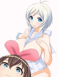 Rule 34 | .live, 2girls, antenna hair, bad id, bad pixiv id, blue eyes, bottomless, bow, breasts, breasts out, brown hair, commentary, convenient censoring, groin, highres, install!, kizuna ai, kizuna ai inc., kotori photobomb, large breasts, looking at viewer, maeda r44, multicolored hair, multiple girls, pink bow, pink hair, short hair, dennou shoujo siro, streaked hair, virtual youtuber, white hair