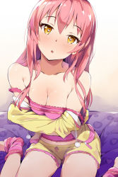 Rule 34 | 1girl, :o, ankle wrap, bare legs, bare shoulders, barefoot, bed, breasts, camisole, cleavage, collarbone, crossed arms, drawstring, heart, heart-shaped pupils, highres, hood, hoodie, idolmaster, idolmaster cinderella girls, jougasaki mika, long hair, looking at viewer, medium breasts, off shoulder, on bed, pajamas, pink hair, seneto, shorts, sitting, solo, strap slip, symbol-shaped pupils, wariza, yellow eyes