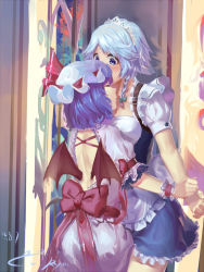 Rule 34 | 2girls, against wall, apron, artist name, backless outfit, bat wings, blue eyes, blush, braid, dated, closed eyes, hat, hat ribbon, height difference, covered mouth, izayoi sakuya, kiss, liyou-ryon, looking at another, looking down, maid, maid apron, maid headdress, mob cap, multiple girls, puffy short sleeves, puffy sleeves, purple hair, remilia scarlet, ribbon, short sleeves, shoulder blades, signature, silver hair, touhou, wide-eyed, wings, wrist cuffs, yuri