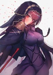Rule 34 | 1girl, artist request, bad id, bad twitter id, bodysuit, breasts, capelet, cowboy shot, fate/grand order, fate (series), gae bolg (fate), hair between eyes, hair ornament, long hair, purple capelet, purple hair, red eyes, scathach (fate), solo, standing, tagme, waist cape, white background