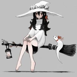 Rule 34 | 1girl, absurdres, barefoot, black hair, blush, broom, broom riding, commentary request, creature, dress, fire, gregor (tsurunoka), grey background, hair between eyes, hat, highres, lantern, lead white (tsurunoka), long hair, long sleeves, looking at viewer, original, red eyes, red ribbon, ribbon, sidesaddle, simple background, smile, solo, sparkle, tsumetai (tsurunoka), white dress, white hat, witch, witch hat