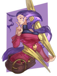 ahoge, belt buckle, breasts, buckle, capcom, dress, earrings, fingernails, gold buttons, highres, jewelry, large belt, large breasts, large buttons, leather belt, pink lips, pointing, pointing up, purple background, purple eyebrows, purple hair, red dress, red eyes, rose (street fighter), scarf, sora-bakabon, street fighter, street fighter iv (series), street fighter v, street fighter zero (series), wide hips