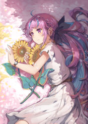 Rule 34 | 1girl, absurdres, ahoge, belt, black ribbon, blue hair, blue nails, braid, brown belt, closed mouth, commentary request, dress, earrings, flower, hair ribbon, highres, hololive, jewelry, long hair, looking away, minato aqua, multicolored hair, nail polish, pink hair, pleated dress, purple eyes, ribbon, short sleeves, smile, solo, sunflower, twintails, two-tone hair, very long hair, virtual youtuber, watch, white dress, wristwatch, xuu shi times, yellow flower