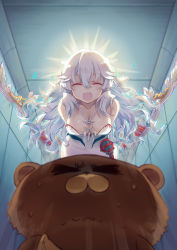 Rule 34 | 1girl, arrow (projectile), artemis (fate), bare shoulders, breasts, cleavage, collarbone, curtain (posuinochuanglian), dress, closed eyes, false smile, fate/grand order, fate (series), highres, jewelry, large breasts, long hair, open mouth, orion (bear) (fate), smile, stuffed animal, stuffed toy, teddy bear, weapon, white hair