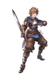 Rule 34 | 1boy, armor, belt, breastplate, brown hair, brown pants, fighter (granblue fantasy), full body, gauntlets, gran (granblue fantasy), granblue fantasy, legs apart, looking at viewer, male focus, minaba hideo, official art, pants, pointing, pointing at viewer, sheath, smile, solo, sword, transparent background, weapon, wide stance