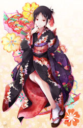 Rule 34 | 1girl, absurdres, alternate costume, black hair, black kimono, floral print, folded ponytail, fudo shin, full body, geta, hair ribbon, highres, japanese clothes, kaguya-sama wa kokurasetai ~tensai-tachi no renai zunousen~, kimono, long sleeves, obi, parted bangs, parted lips, print kimono, print ribbon, red eyes, red ribbon, ribbon, sash, shinomiya kaguya, sidelocks, signature, solo, tabi, white legwear, wide sleeves