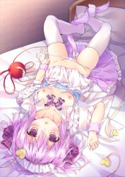 Rule 34 | 1girl, alternate costume, animal ears, bed, bed sheet, bow, bowtie, breasts, cat ears, cat tail, cedama, collarbone, enmaided, feet, hairband, heart, highres, indoors, kemonomimi mode, kinokomushi, komeiji satori, looking at viewer, lying, maid, nipples, no shoes, on back, on bed, panties, panty pull, partially visible vulva, pillow, plaid, plaid bow, plaid bowtie, plaid neckwear, pulled by self, purple bow, purple bowtie, purple eyes, purple hair, purple skirt, side-tie panties, skirt, small breasts, solo, tail, thighhighs, touhou, underwear, upside-down, white thighhighs, wrist cuffs