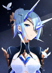 Rule 34 | 1girl, absurdres, blue eyes, blue hair, breasts, bug, butterfly, collarbone, eyepatch, grey background, hair bun, head tilt, highres, icicle, insect, light blue hair, looking at viewer, mebi il, nintendo, shadow, short hair, single hair bun, small breasts, solo, theory (xenoblade), xenoblade chronicles (series), xenoblade chronicles 2