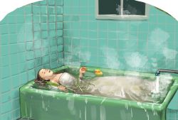 Rule 34 | 1girl, afloat, bathing, bathtub, brown hair, chanta (ayatakaoisii), dress, closed eyes, fine art parody, grass, highres, open mouth, ophelia (painting), parody, partially submerged, rubber duck, solo, steam, strapless, strapless dress, water, white dress, window