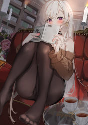 Rule 34 | 1girl, azur lane, bare shoulders, belfast (azur lane), belfast (shopping with the head maid) (azur lane), blush, book, candle, cup, earrings, flower, highres, holding, holding book, jewelry, knees up, long hair, looking at viewer, marumai, nail polish, pantyhose, purple eyes, red nails, sitting, solo, sweater, tea, teacup, very long hair