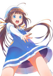 Rule 34 | 10s, 1girl, ahoge, artist name, beret, between fingers, blue dress, blue eyes, blush, board game, brown hair, commentary request, cowboy shot, dress, fingernails, from below, hair ribbon, hat, highres, hinatsuru ai, holding, layered sleeves, long hair, long sleeves, low twintails, nakta, open mouth, outstretched arm, puffy short sleeves, puffy sleeves, ribbon, ryuuou no oshigoto!, school uniform, shogi, short over long sleeves, short sleeves, sidelocks, signature, simple background, solo, teeth, twintails, upper teeth only, very long hair, white background, white hat, yellow neckwear, yellow ribbon