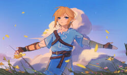 Rule 34 | 1boy, absurdres, armor, belt, belt buckle, blonde hair, blue eyes, blue sky, blue tunic, brown belt, brown gloves, buckle, cloud, commentary, day, english commentary, fingerless gloves, flower, flower bed, gloves, greaves, highres, layered sleeves, link, long sleeves, looking at viewer, male focus, nintendo, outdoors, outstretched arms, pants, parted lips, petals, pointy ears, shirt, short hair, short over long sleeves, short sleeves, single greave, single strap, sky, solo, the legend of zelda, the legend of zelda: breath of the wild, upper body, white arm warmers, white pants, white shirt, wind, yellow flower, yumiyumo3o