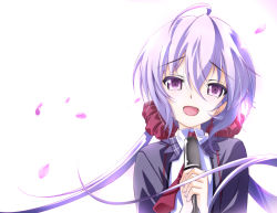 Rule 34 | 10s, 1girl, ahoge, hair ornament, hair scrunchie, long hair, looking at viewer, low twintails, microphone, music, open mouth, own hands together, petals, purple eyes, purple hair, scrunchie, senki zesshou symphogear, senomoto hisashi, singing, smile, solo, tears, twintails, white background, yukine chris