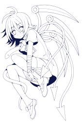 Rule 34 | 1girl, antenna hair, arm ribbon, asymmetrical wings, blush, bow, eichi yuu, full body, highres, houjuu nue, lineart, mary janes, monochrome, pointy ears, ribbon, shoes, short hair, short sleeves, snake, solo, thighhighs, touhou, transparent background, wings