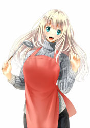 Rule 34 | 10s, 1girl, :d, alternate costume, apron, aqua eyes, atago (kancolle), blonde hair, breasts, casual, itoguchi (manma melon), kantai collection, ladle, large breasts, long hair, open mouth, personification, ribbed sweater, simple background, smile, solo, sweater, turtleneck, white background